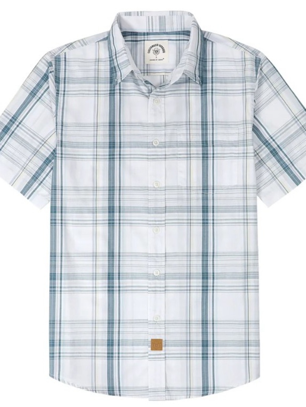 Casual Short-Sleeve Plaid Button-Down Shirt - White & Teal